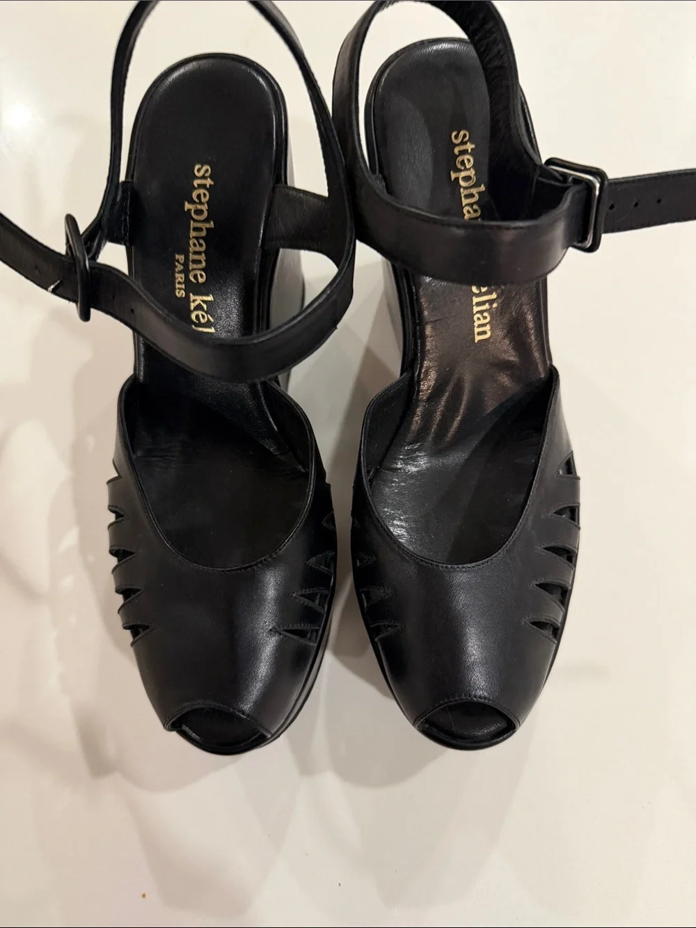 Stephane Kelian Black Leather Peep-Toe Wedge Sandals vintage brand new!
